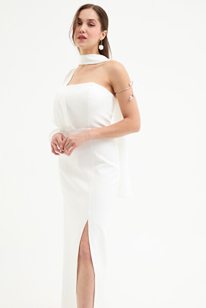 Lafaba Жіноче біле однорукавне плаття з шальним коміром і розрізом