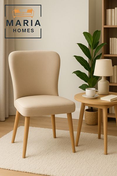 MARIA HOMES Beige Fabric Dining Chair – Upholstered Padded Seat With Wooden Legs For Home, Office, Or Café