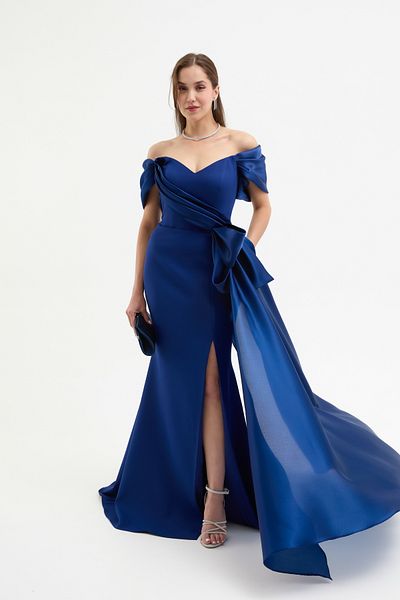 Lafaba Women's Navy Blue Boat Neck Court Train Long Evening Dress
