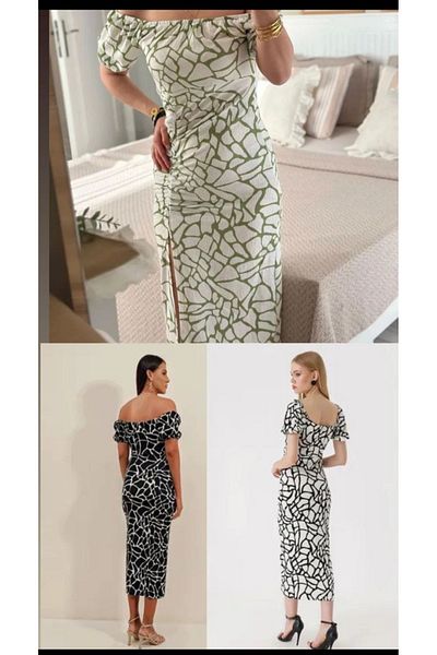 atelyu Women Marble Pattern Black and White Summer Dress with Slit Detail