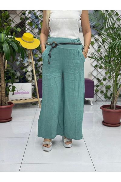 Punta Otantik Nc1136 Italian Italian Belted Linen Trousers Mint