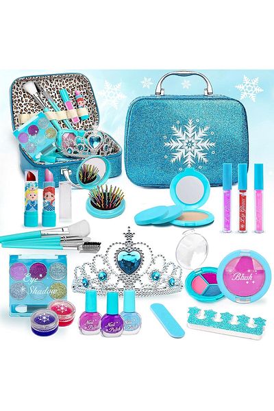 Lumely 33-piece Princess Kids Makeup Set, Safe, Washable, Frozen Theme, Playset For Girls 3 , Blue
