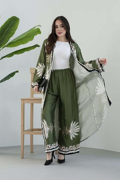 Ranasubaşı Satin Kaftan Trousers Suit Green