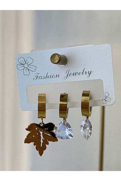 Çelik 3-Piece Crystal Stone Leaf Steel Earrings