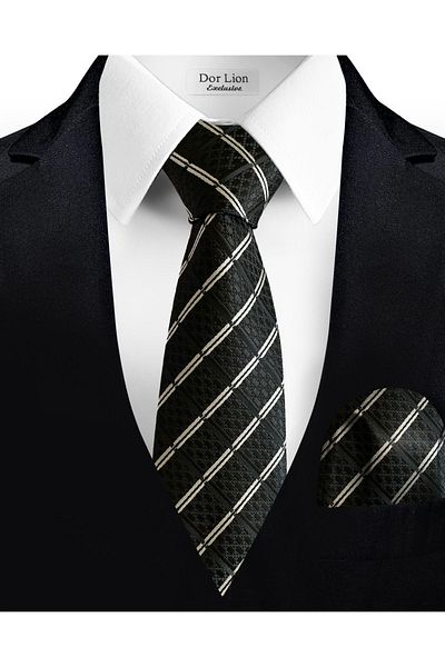 Dor Lion Black Tie and Handkerchief with White Stripes - 7 cm