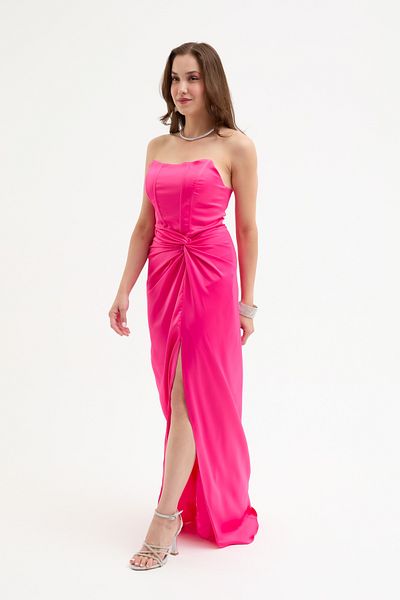 Lafaba Women's Fuchsia Double Breasted Lined Woven Corset Detailed Satin Long Evening Dress