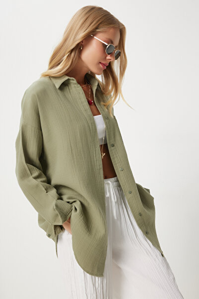 Lovelyİstanbul Oversize Basic Muslin Shirt Lmx0002 Green