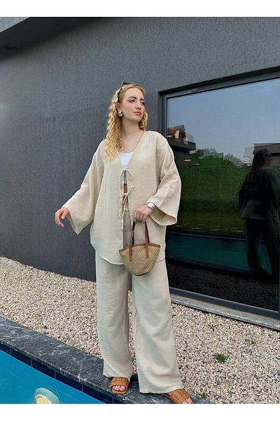 FİOXCO Ferina Premium Muslin Front Tie Beige Kimono Set