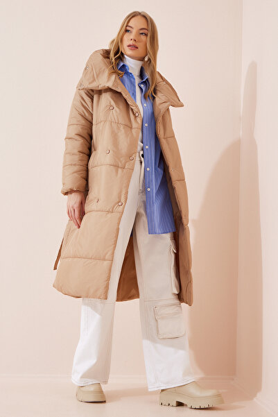 Lovelyİstanbul Oversize Καπιτονέ παλτό με ζιβάγκο - Light Biscuit Lqa0001