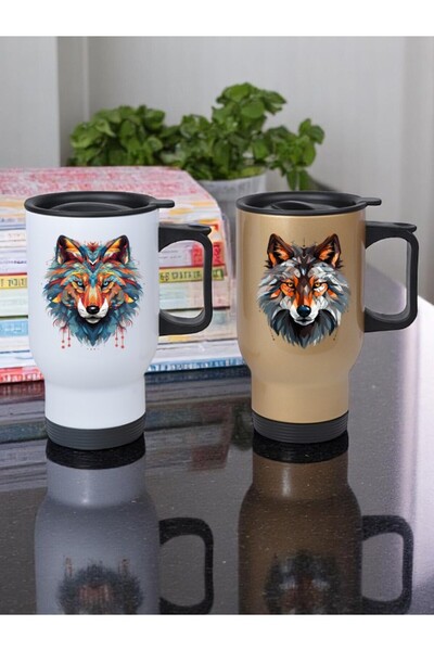 lili hediyelik ترمس زجاجي من الفولاذ بطبعة وولف مكون من قطعتين بسعة 450 مل