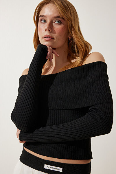 Lovelyİstanbul Pulover negru din tricotaj cu guler Madonna - LFN0044