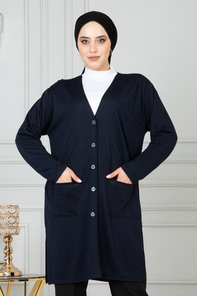 FATELLA Women's Mother Thin Combed Cotton Long Seasonal Navy Blue Jacket Cardigan