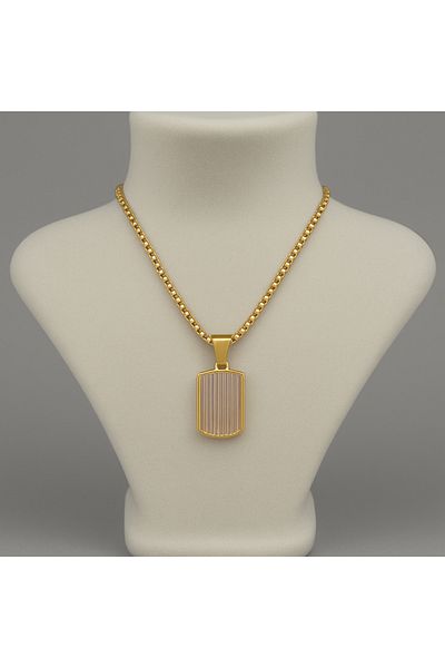 İNTERTAKI Gold Color Steel Men's Necklace |   Modern Plate Design with Vertical Lines |   Non-Tarnish & Stylish Gift Option