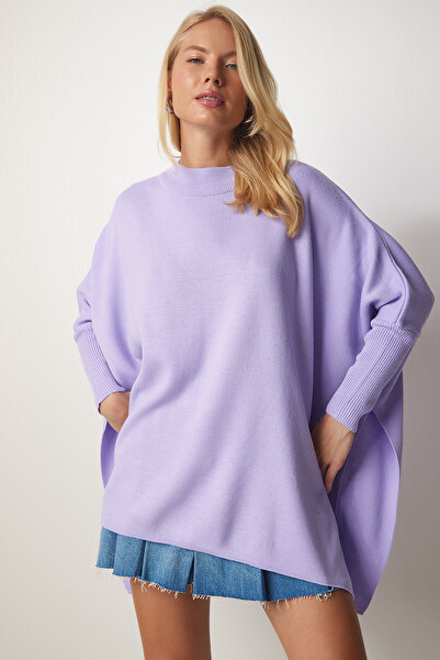 Lovelyİstanbul Pulover Poncho Liliac supradimensionat - Slit lateral Lyy0016