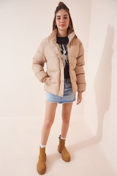 Lovelyİstanbul Turtleneck Puffer Jacket Beige Lrv0029