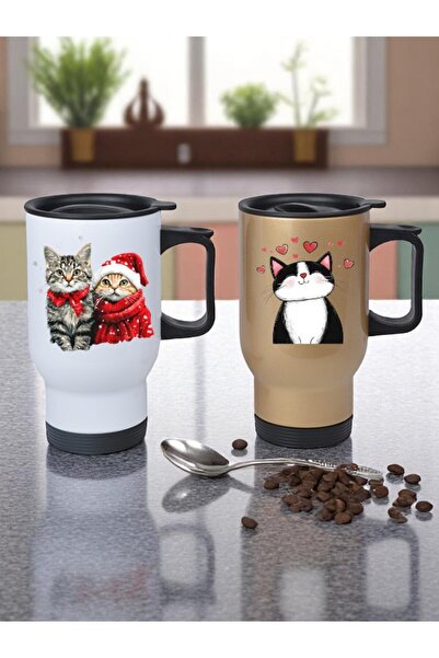 lili hediyelik ترمس بهلوان فولاذي مطبوع عليه قطط لطيفة مكون من قطعتين بمقبض س...