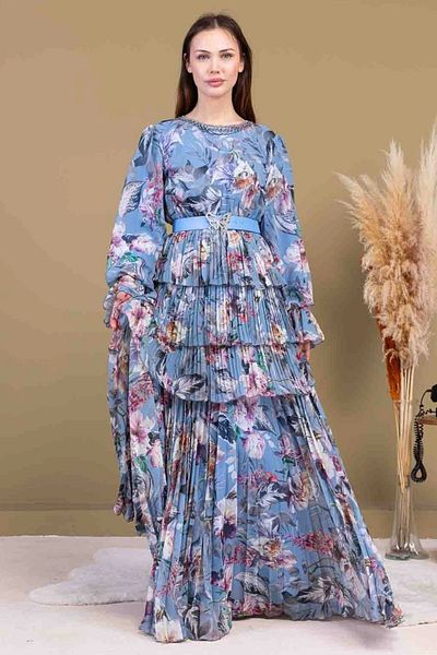 lodmela Layered Pleated Chiffon Dress 2718-Indigo