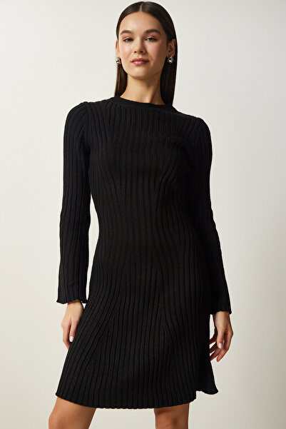 Lovelyİstanbul Μαύρο πλεκτό φόρεμα με ραβδώσεις - Lmt0010