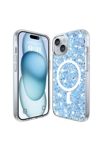 SKYDDAR INNOVATION Carcasă pentru iPhone 15 Plus, SparkleCase, Carcasă din silicon cu sclipici, Protecție completă, Albastră, Set autocolante