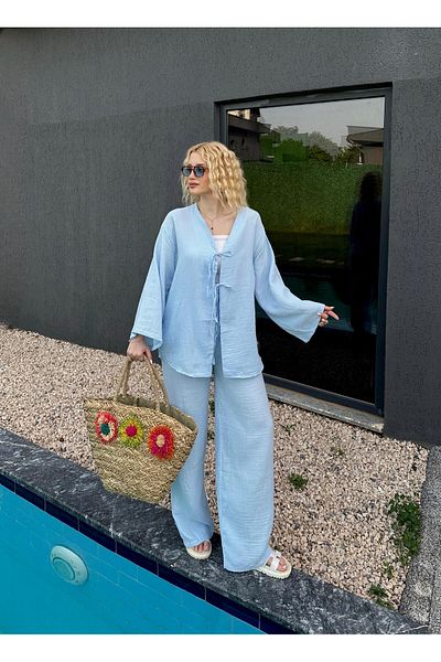 FİOXCO Ferina Premium Muslin Front Tie Baby Blue Kimono Set