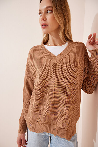 Lovelyİstanbul Pulover din tricotaj rupt cu decolteu în V CAMEL - LBV0037