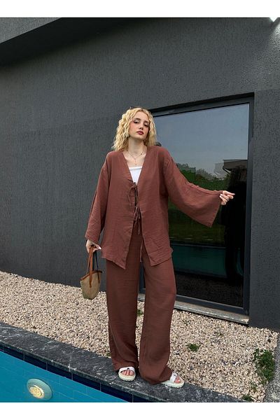 FİOXCO Ferina Premium Muslin Front Tie Brown Kimono Set