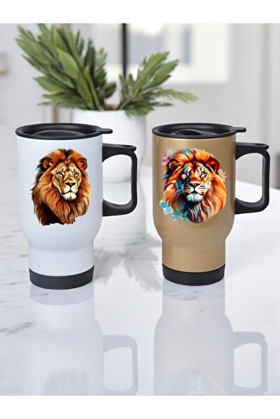 lili hediyelik ترمس زجاجي ستيل بطبعة أسد بمقبضين 450 مل