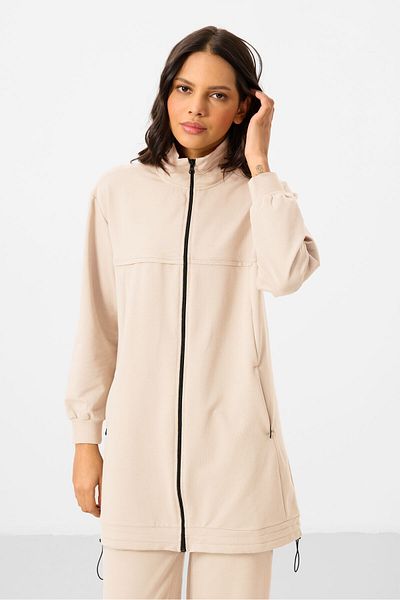 TOMMY LIFE Ecru Stand Collar Zippered Cotton Women's Tracksuit Tunic Set - 95346