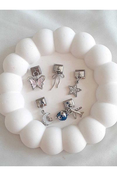 bijoux uniques 5-Piece Italian Charm with Steel Butterfly&Star&Moon&World&Bow Figure