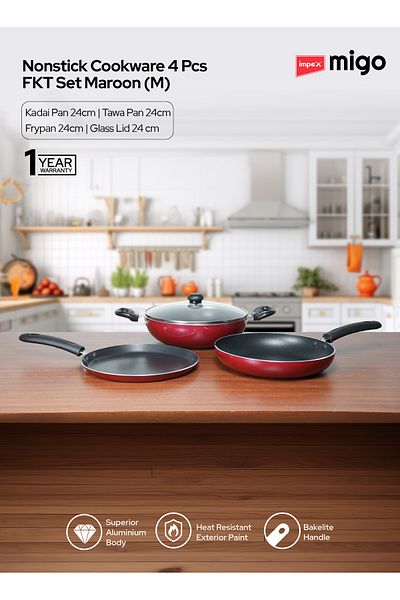 İMPEX Impex Migo 4Piece Nonstick Cookware Set–Maroon-Kadai, Tawa, FryPan&Glass Lid-Heatproof Handles-FKTM