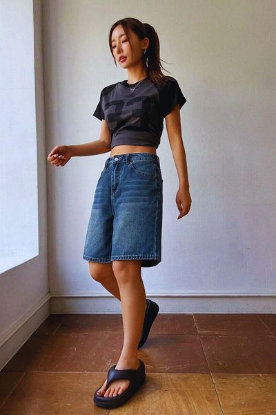 1434 Polo State Pantaloni scurți din denim Bermuda cu talie înaltă pentru femei, albastru