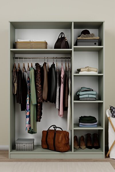 midoser Lucas 3 Kapaklı, 6 Raf Bölmeli, Askılıklı Geniş Elbise Dolabı, Gardırop, Kül Yeşili 190*135