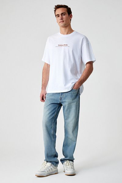 GRIMELANGE Boletus Men's Print Detailed 100% Organic Cotton Oversize Crew Neck Short Sleeve White T-Shirt