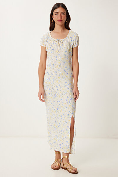 Lovelyİstanbul Çiçek Desenli Yazlık Viskon Elbise KREM MAVİ LHF0027