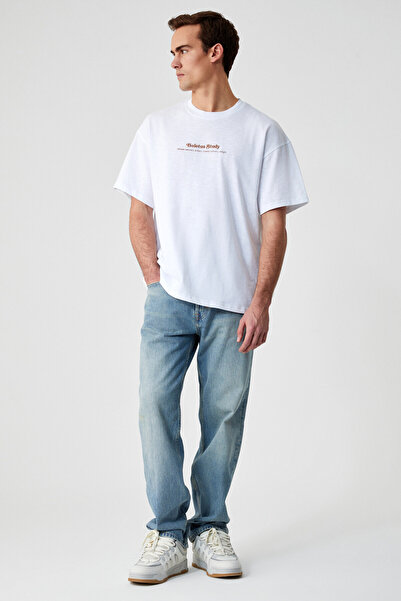 GRIMELANGE BOLETUS Ανδρικό μπλουζάκι με λεπτομέρεια από 100% οργανικό βαμβάκι Oversize Crew λαιμόκοψη κοντομάνικο λευκό μπλουζάκι