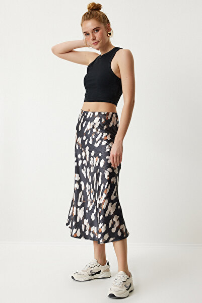 Lovelyİstanbul Φούστα σε γραμμή Α με σατέν μοτίβο ανθρακί - Ldd0005