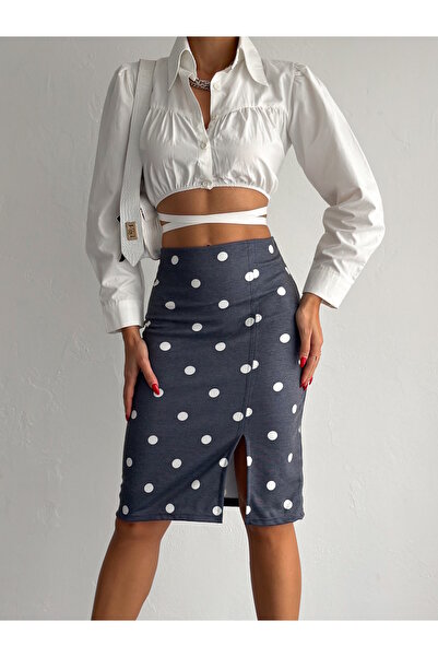 MaxiMor Women's Gray Polka Dot Elastic Waist Slit Pencil Skirt Length 65 cm