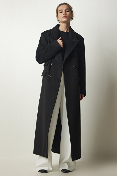 Lovelyİstanbul Premium Εθνόσημο Διπλό Γιακά Μάλλινο Μακρύ Παλτό Μαύρο Lfn0006