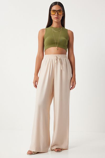 Lovelyİstanbul Comfortable Fit Wide Leg Ayrobin Trousers - Cream Ldp0004