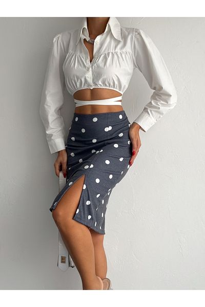 MaxiMor Women's Gray Polka Dot Elastic Waist Slit Pencil Skirt Length 65 cm