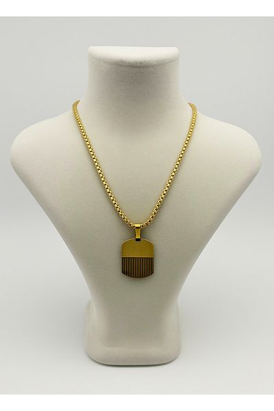 İNTERTAKI Gold Men's Steel Necklace |   Striped Plate Design |   Stylish and Modern Accessory |   Fade & Tarnish Resistant Chain
