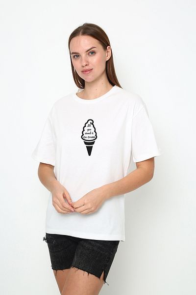 Oasis Women's Oversize Black Ice Cream Printed Crew Neck T-Shirt