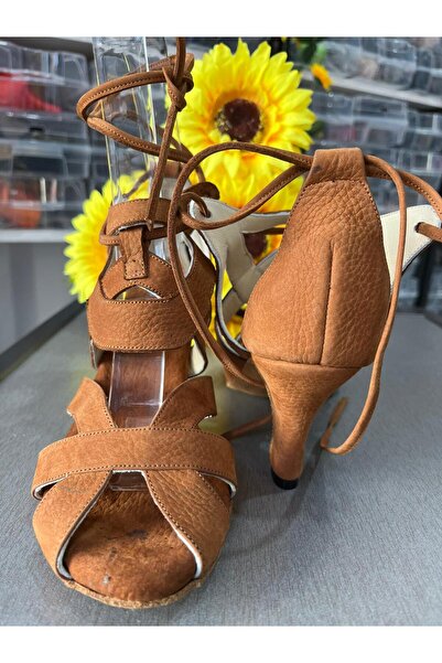 bitangosu Taba Renk Nubuk Deri 6 Cm Kadeh Topuklu Salsa - Bacata- Latin Ve Dans Ayakkabısı Bilekten Bağlama