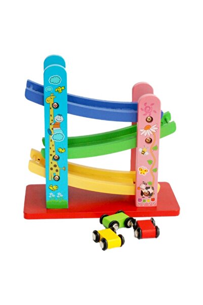 sallma Wooden track circuit with 3 lanes and 3 toy cars, Montessori