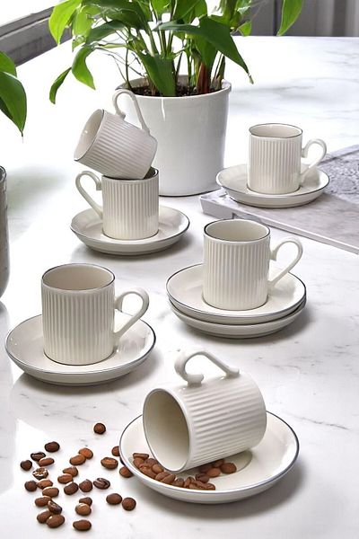 WuuQ Special Design Silver 12-Piece 6-Person Striped Coffee Cup Set 100ml - Coffee Cup Set