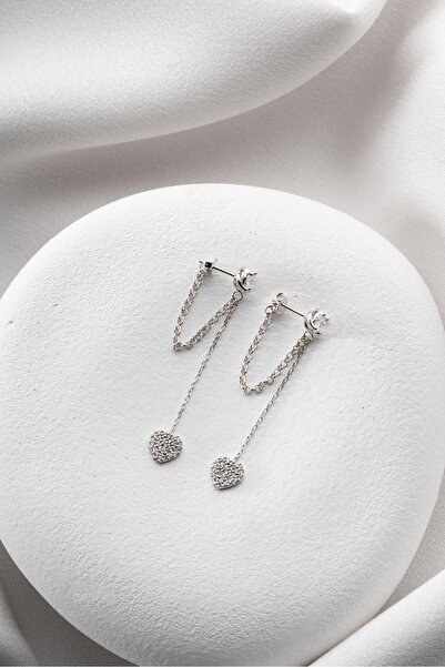 Nereze 925 Ayar Gümüş Rodyum Kaplama 5 Mm Tektaş Sallantılı Zincir Kalp Model Küpe