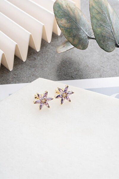 Nereze 925 Ayar Gümüş Gold Kaplama Mor Zirkon Taşlı Lotus Çiçeği Küpe