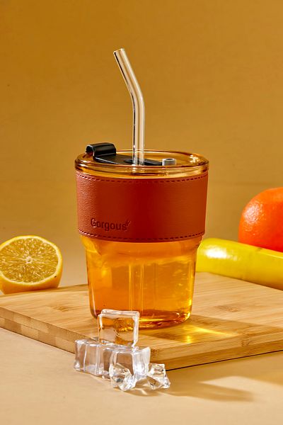 Espas Home Premium Glass Cup – Stripe Detailed, Straw, Leakproof Lid / Bronze