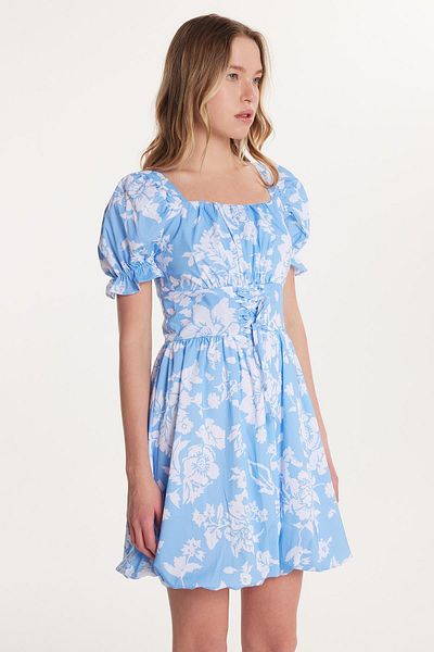 Tudors Rochie de damă, standard, din bumbac, cu mânecă scurtă, cu talie elastică, cu șnur, cu detaliu de cravată, cu decolteu în U