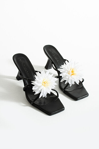 Gökçe Shoes Sany Siyah Çiçek Detay Kadın Topuklu Terlik